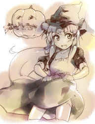 Rule 34 | 1girl, alternate costume, bad id, bad pixiv id, clothes lift, female focus, hat, highres, horns, ibuki suika, jack-o&#039;-lantern, long hair, monochrome, open mouth, pumpkin, sketch, skirt, skirt basket, skirt hold, skirt lift, solo, thighhighs, topo (bacchustab), topo bevitore, touhou, very long hair, witch hat