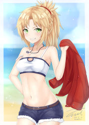 Rule 34 | 1girl, bad id, bad pixiv id, belt, blonde hair, blush, breasts, cleavage, collarbone, denim, denim shorts, fate/grand order, fate (series), green eyes, jewelry, large breasts, looking at viewer, mordred (fate), mordred (fate/apocrypha), mordred (memories at trifas) (fate), navel, necklace, parted lips, short hair, short ponytail, shorts, smile, solo, teeth, unel1211