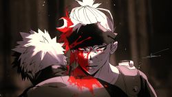 Rule 34 | 2boys, angry, blood, blood on face, boku no hero academia, headband, looking at viewer, multiple boys, scowl, shoco (sco labo), unconscious