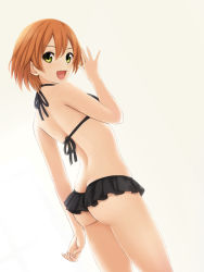Rule 34 | 1girl, ass, bare shoulders, bikini, black bikini, brown hair, butt crack, commentary request, frilled bikini, frills, from behind, green eyes, hoshizora rin, looking at viewer, love live!, love live! school idol project, nonaka ritsu, open mouth, orange hair, short hair, simple background, smile, solo, swimsuit, thong, thong bikini, white background