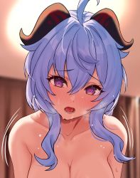 Rule 34 | 1girl, ahoge, blue hair, blush, breasts, cleavage, collarbone, cropped, cum, facial, female focus, ganyu (genshin impact), genshin impact, heart, heart-shaped pupils, highres, horns, long hair, looking at viewer, lower teeth only, medium breasts, motion lines, nude, open mouth, out-of-frame censoring, paid reward available, purple eyes, saliva, sidelocks, solar (happymonk), solo, sweat, symbol-shaped pupils, tears, teeth, tongue