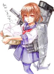 Rule 34 | 10s, 1girl, anchor, brown hair, hair ornament, hairclip, ikazuchi (kancolle), kantai collection, laundry, laundry basket, looking at viewer, machinery, open mouth, pantyhose, personification, red eyes, short hair, solo, traditional media, turret, yanami (yanayana company)