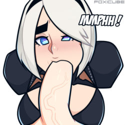 Rule 34 | 1girl, android, blue eyes, fellatio, foxicube, heart, heart-shaped pupils, nier (series), nier:automata, oral, penis, symbol-shaped pupils, uncensored, white hair, 2b (nier:automata)