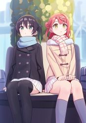 Rule 34 | 2girls, arm support, bag, black coat, black hair, black thighhighs, blue scarf, blush, braid, buttons, checkered clothes, checkered scarf, coat, commentary request, deadnooodles, dot nose, green eyes, grey legwear, hair bun, hands on lap, highres, legs, long sleeves, looking ahead, love live!, love live! nijigasaki high school idol club, morning, multiple girls, outdoors, over-kneehighs, parted lips, pink hair, plant, scarf, short hair, sitting, skirt, takasaki yu, thighhighs, thighs, twintails, uehara ayumu, white skirt, yellow eyes, yellow scarf, yuri