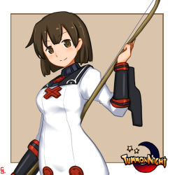 Rule 34 | bow (weapon), brown eyes, brown hair, commentary request, cosplay, cosplay request, cowboy shot, cy301, dress, hiryuu (kancolle), kantai collection, logo parody, one-hour drawing challenge, one side up, parody, short hair, solo, summon night, title parody, weapon, white dress, yumi (bow)