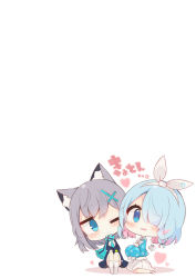 Rule 34 | 2girls, animal ear fluff, animal ears, arona (blue archive), black skirt, blue archive, blue eyes, blue hair, blue jacket, blue scarf, blue shirt, blush, bow, chibi, colored shadow, drooling, fringe trim, grey hair, hair ornament, hair over one eye, head tilt, heart, highres, jacket, knees up, long sleeves, looking at viewer, mouth drool, multicolored hair, multiple girls, muuran, negative space, open clothes, open jacket, parted lips, pink hair, pleated skirt, sailor collar, scarf, shadow, shiroko (blue archive), shirt, signature, sitting, skirt, sleeves past fingers, sleeves past wrists, socks, translation request, two-tone hair, wavy mouth, white background, white bow, white legwear, white sailor collar, white shirt, white skirt