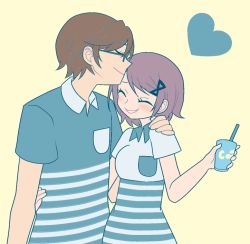 Rule 34 | 1boy, 1girl, aqua shirt, arm at side, beige background, breast pocket, breasts, brown-framed eyewear, brown hair, collared shirt, couple, cup, disposable cup, drinking straw, eyelashes, glasses, grey shirt, hair ornament, hairclip, hand on another&#039;s shoulder, hand on another&#039;s waist, happy, heart, heart background, height difference, hetero, holding, holding cup, husband and wife, kaname junko, kaname tomohisa, kiss, kissing forehead, light blush, light brown hair, mahou shoujo madoka magica, mahou shoujo madoka magica (anime), medium breasts, pocket, pokki (sue eus), polo shirt, shirt, short sleeves, simple background, smile, striped clothes, striped shirt, upper body, yellow background