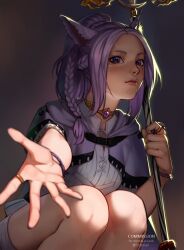 Rule 34 | 1girl, animal ears, warrior of light (ff14), big hair, bracelet, breasts, cat ears, cat girl, dide6an, final fantasy, final fantasy xiv, holding, holding staff, jewelry, long hair, looking at viewer, medium breasts, miqo&#039;te, purple eyes, purple hair, ring, solo, staff