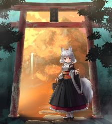 Rule 34 | 1girl, animal ears, basket, blush, breasts, commentary request, full body, geta, hair between eyes, hat, holding, holding basket, inubashiri momiji, kei kei, long hair, long sleeves, looking at viewer, medium breasts, mountain, nature, obi, open mouth, orange eyes, outdoors, pom pom (clothes), portal (object), ribbon-trimmed sleeves, ribbon trim, sash, short hair, silver hair, socks, solo, standing, stone walkway, tail, tokin hat, torii, touhou, water, waterfall, white socks, wide sleeves, wolf ears, wolf tail