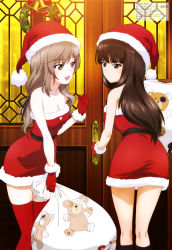 Rule 34 | 10s, 2girls, :d, absurdres, alternate costume, bag, bare arms, bare legs, bare shoulders, bell, belt, black belt, black legwear, blunt bangs, boko (girls und panzer), bow, breasts, brown eyes, brown hair, c:, christmas, christmas wreath, cleavage, clenched hand, closed mouth, collarbone, door, door handle, doorway, dress, eye contact, female focus, fur-trimmed dress, fur-trimmed gloves, fur-trimmed headwear, fur trim, girls und panzer, gloves, hand up, happy, hat, highres, hime cut, holding, holding bag, kneepits, leaning, leaning forward, legs, light brown hair, looking at another, looking back, mature female, medium breasts, multiple girls, neck, nishizumi shiho, official art, open mouth, over shoulder, red dress, red gloves, red headwear, red legwear, sack, santa costume, santa dress, santa gloves, santa hat, shimada chiyo, short dress, smile, socks, strapless, strapless dress, thighhighs, tube dress, wang guo nian, window, wreath