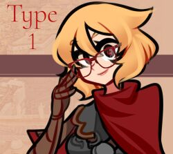 Rule 34 | 1girl, adjusting eyewear, armor, black eyes, blonde hair, brown gloves, centurii-chan, centurii-chan (artist), city, cloak, elbow gloves, english text, glasses, gloves, greco-roman clothes, highres, original, red-framed eyewear, red cloak, red eyes, roman clothes, short hair, solo, two-tone eyes, upper body