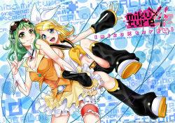 Rule 34 | 2girls, \m/, blonde hair, blue eyes, goggles, goggles on head, green eyes, green hair, gumi, hair ornament, hair ribbon, hairclip, holding hands, headphones, kagamine rin, kitano tomotoshi, looking at viewer, multiple girls, open mouth, ribbon, short hair, skirt, smile, vocaloid