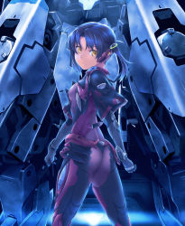 Rule 34 | 1girl, ass, black hair, bodysuit, breasts, cross (xenoblade x), from behind, headgear, looking back, mecha, nanakusa, nintendo, purple bodysuit, robot, small breasts, solo, twintails, xenoblade chronicles (series), xenoblade chronicles x, yellow eyes