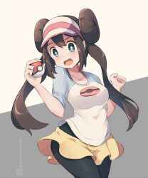 Rule 34 | 1girl, :d, black pantyhose, blue eyes, breasts, brown background, brown hair, collarbone, creatures (company), double bun, game freak, grey background, hair bun, hat, holding, holding poke ball, kuromiya, long hair, looking at viewer, medium breasts, nintendo, one-hour drawing challenge, open mouth, pantyhose, pleated skirt, poke ball, poke ball (basic), pokemon, pokemon bw2, rosa (pokemon), shirt, short sleeves, skirt, smile, solo, twintails, twitter username, two-tone background, very long hair, visor cap, white hat, white shirt, yellow skirt