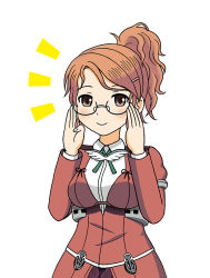 Rule 34 | 10s, 1girl, adjusting eyewear, anchor symbol, aquila (kancolle), bespectacled, brown eyes, brown hair, glasses, hair ornament, hairclip, hoshino banchou, kantai collection, long hair, looking at viewer, ponytail, simple background, smile, solo, white background