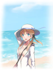 Rule 34 | 1girl, absurdres, arm up, bag, beach, between breasts, black ribbon, blonde hair, blue bow, blue ribbon, blue sky, blush, bow, breasts, cleavage, cloud, collarbone, dabaizhao, day, floating hair, green eyes, hair between eyes, hair ribbon, hat, hat bow, hat ribbon, highres, hood, hooded jacket, jacket, kantai collection, long hair, medium breasts, no bra, ocean, open clothes, open jacket, open mouth, outdoors, partially unzipped, prinz eugen (kancolle), ribbon, sketch, sky, solo, standing, strap between breasts, sun hat, twintails, upper body, white hat, white jacket