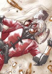 Rule 34 | 1boy, belt, blood, blood from mouth, blood on face, bloody tears, blue eyes, coat, dante (devil may cry), devil may cry (series), devil may cry 1, ebony (devil may cry), gloves, gun, hair over one eye, handgun, highres, holding, holding weapon, jacket, long hair, m1911, male focus, red coat, solo, thealatvs, weapon, white hair