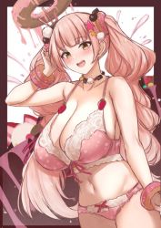 Rule 34 | 1girl, :d, amano roze, bare shoulders, blush, bra, breasts, cleavage, doughnut, food, fruit, hair ornament, huge breasts, jewelry, kannko bokujou, long hair, navel, necklace, open mouth, original, panties, pink bra, pink hair, pink panties, smile, solo, star (symbol), star hair ornament, stomach, strawberry, thighs, twintails, underwear, unfinished, very long hair, wrist cuffs