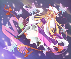 Rule 34 | 1girl, blonde hair, bug, butterfly, detached sleeves, dress, female focus, full body, gap (touhou), gloves, gradient background, hand fan, hat, high heels, insect, kisaragi you, long hair, mary janes, outdoors, purple eyes, shoes, sky, solo, thighhighs, touhou, yakumo yukari