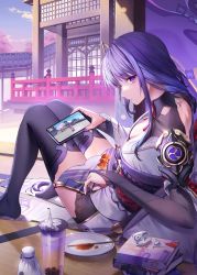 Rule 34 | 1girl, armor, book, book stack, braid, breasts, bridal gauntlets, building, cleavage, condensation, drink, drinking straw, earplugs, elbow rest, expressionless, food, from side, full body, genshin impact, glint, hair ornament, highres, holding, holding phone, japanese clothes, kh (kh 1128), kimono, knees up, leaning back, long hair, low-braided long hair, low-tied long hair, medium breasts, meta, mitsudomoe (shape), nail polish, no shoes, phone, plate, purple eyes, purple hair, purple kimono, purple nails, purple thighhighs, raiden shogun, shoulder armor, shrug (clothing), sidelocks, sitting, solo, tattoo, thighhighs, thighs, tomoe (symbol)
