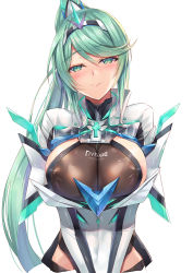 Rule 34 | 1girl, areola slip, armor, blush, breasts, cleavage, covered erect nipples, covered navel, gem, green eyes, green hair, hair ornament, headpiece, huge breasts, inoue takuya (tactactak), jewelry, large breasts, long hair, looking at viewer, naughty face, nintendo, pneuma (xenoblade), see-through, shoulder armor, sideboob, smile, solo, spoilers, tiara, very long hair, white background, xenoblade chronicles (series), xenoblade chronicles 2