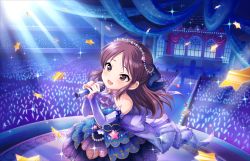 Rule 34 | 10s, 1girl, :d, blush, bow, brown eyes, brown hair, child, collarbone, detached sleeves, dress, glowstick, hair ornament, idol, idolmaster, idolmaster cinderella girls, idolmaster cinderella girls starlight stage, long hair, microphone, music, official art, open mouth, ribbon, singing, smile, solo, sparkle, star (symbol), tachibana arisu, tears