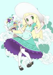 Rule 34 | 1girl, absurdres, apron, ayakadegozans, black footwear, blonde hair, creatures (company), dress, floral background, full body, game freak, gen 8 pokemon, green dress, green eyes, hat, highres, lillie (pokemon), lillie (special costume) (pokemon), looking to the side, nintendo, official alternate costume, pokemon, pokemon masters ex, polteageist, solo, white hat