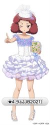 Rule 34 | 1girl, artist request, blush, blush stickers, bouquet, breasts, brown eyes, dress, flower, frilled dress, frills, full body, girls und panzer, hat, high heels, holding, holding bouquet, looking at viewer, official art, one eye closed, open mouth, red hair, rum (girls und panzer), short hair, simple background, small breasts, solo, standing, wedding dress, white background, white hat