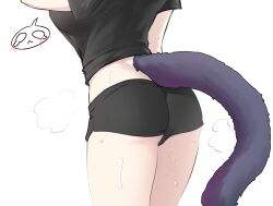 Rule 34 | 1girl, arknights, ass, black shirt, black shorts, breasts, cat tail, commentary, cowboy shot, crop top, highres, jessica (arknights), k0ng, large breasts, midriff, shirt, short shorts, short sleeves, shorts, simple background, solo, standing, tail, thighs, white background