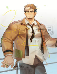 Rule 34 | 1boy, abs, absurdres, amaimochi, bara, black necktie, brown hair, collared shirt, commission, cowboy shot, facial hair, goatee, highres, jacket, jewelry, large hands, large pectorals, light brown hair, long sideburns, male focus, multicolored hair, muscular, muscular male, necktie, nipples, open clothes, open jacket, original, pectorals, ring, shirt, short hair, sideburns, smile, solo, stomach, thick eyebrows, thick thighs, thighs, two-tone hair, white hair