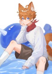 Rule 34 | 1boy, absurdres, animal ears, aylar, black shorts, blue eyes, blush, commentary, fox boy, fox ears, fox tail, genshin impact, hair between eyes, highres, kneehighs, looking at viewer, male focus, official alternate costume, orange hair, red scarf, scarf, shorts, simple background, sitting, socks, solo, sweater, sweater vest, symbol-only commentary, tail, tartaglia (genshin impact), water, white background, white socks, white sweater vest