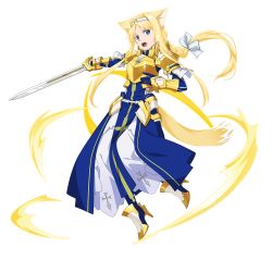 Rule 34 | 1girl, alice zuberg, animal ears, armor, armored dress, blonde hair, blue dress, blue gloves, bow, braid, braided ponytail, breastplate, cat ears, cat tail, dress, floating hair, full body, gloves, gold armor, hair bow, hairband, high heels, highres, holding, holding sword, holding weapon, long dress, long hair, official art, ponytail, shoulder armor, solo, sword, sword art online, sword art online: memory defrag, tail, transparent background, very long hair, weapon, white bow, white hairband