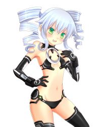 Rule 34 | 10s, 1girl, :d, aqua eyes, black sister, drill hair, elbow gloves, female focus, flat chest, gloves, green eyes, groin, hand on own hip, hand on own chest, highres, hip focus, long hair, looking at viewer, mon tomo, monchi (kashiwa2519), navel, neptune (series), open mouth, revealing clothes, smile, solo, thighhighs, transparent background, twin drills, twintails, underwear, underwear only, uni (neptunia), white hair, zettai ryouiki