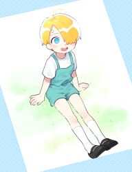 Rule 34 | aged down, black footwear, blonde hair, blue overalls, blush, child, commentary, curly eyebrows, full body, grass, hands on ground, kneehighs, legs together, light smile, long bangs, looking up, male focus, mob0322, on grass, one piece, open mouth, overalls, sanji (one piece), shirt, short hair, simple background, sitting, smile, socks, t-shirt, white shirt