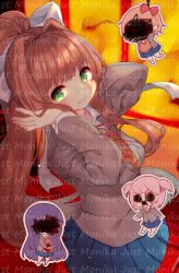 Rule 34 | 4girls, arare mochiko, blood, blood on clothes, blue skirt, blurry, blurry background, blush, bow, brown hair, chibi, chibi inset, classroom, covered eyes, covered face, covered mouth, cowboy shot, day, doki doki literature club, green eyes, grey jacket, grin, hair bow, hair intakes, hands on own face, hands up, indoors, jacket, long hair, long sleeves, looking at viewer, monika (doki doki literature club), multiple girls, natsuki (doki doki literature club), neck ribbon, open mouth, pleated skirt, ponytail, red ribbon, ribbon, sayori (doki doki literature club), school, school uniform, sidelocks, skirt, smile, solo focus, spoilers, stab, standing, suicide, very long hair, vest, window, yuri (doki doki literature club)