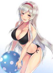 Rule 34 | 10s, 1girl, ball, beachball, bikini, black bikini, blue background, blush, breasts, cleavage, collarbone, cowboy shot, front-tie bikini top, front-tie top, gradient background, headband, jewelry, kantai collection, large breasts, long hair, looking at viewer, open mouth, purple eyes, red headband, ring, saemon (tonpura), shoukaku (kancolle), side-tie bikini bottom, silver hair, simple background, smile, solo, swimsuit, thighs, upper body, very long hair, wedding band, white background