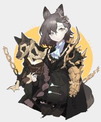 Rule 34 | animal ears, arknights, ascot, black jacket, black thighhighs, book, broken, broken chain, brown eyes, brown hair, chain, collared shirt, commentary, cropped legs, grey background, hair between eyes, holding, holding book, jacket, looking at viewer, odmised, open book, outline, parted bangs, penance (arknights), shirt, tail, thighhighs, two-tone background, white ascot, white outline, white shirt, yellow background