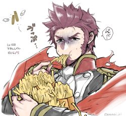Rule 34 | 1boy, beard, blue eyes, brown hair, cape, eating, epaulettes, facial hair, fate/grand order, fate (series), feeding, food, force-feeding, french fries, holding, long sideburns, long sleeves, male focus, military, military uniform, napoleon bonaparte (fate), necktie, simple background, sketch, solo, takatsuki ichi, uniform, upper body, white background