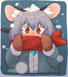 Rule 34 | 1girl, absurdres, animal ear fluff, animal ears, blue background, blush, border, brown mittens, closed mouth, coat, commentary request, crystal, fur coat, green coat, greenpiecerice, grey hair, hair between eyes, highres, jewelry, long bangs, long sleeves, looking at viewer, mittens, mouse ears, mouse girl, mouse tail, nazrin, pendant, red eyes, red scarf, scarf, short hair, smile, snow on head, snowing, solo, tail, touhou, upper body, v-shaped eyebrows, white border