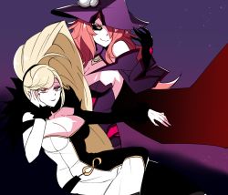Rule 34 | 2girls, bare shoulders, black sclera, blazblue, blazblue: cross tag battle, blonde hair, breasts, cleavage, colored sclera, crossover, hat, heterochromia, hilda (under night in-birth), infinity symbol, konoe a. mercury, large breasts, long hair, multiple girls, pink hair, slit pupils, smile, star (symbol), starry background, tagme, two-tone dress, under night in-birth, witch hat