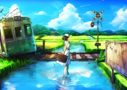 Rule 34 | 1girl, brown hair, cloud, day, grass, hat, highres, holding, irohara mitabi, landscape, original, railroad crossing, railroad tracks, ruins, scenery, sign, sky, solo, standing, standing on liquid, suitcase, train, water