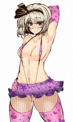 Rule 34 | 1girl, alternate costume, areola slip, arm behind back, arm behind head, arm up, armpits, bikini, blue eyes, blush, breasts, collarbone, colored eyelashes, elbow gloves, embarrassed, fishnet pantyhose, fishnets, gloves, grey hair, hand on own hip, headband, heart, heart print, highres, konpaku youmu, looking at viewer, micro bikini, microskirt, navel, pantyhose, partially visible vulva, pleated skirt, print gloves, print legwear, print skirt, shiny skin, simple background, skirt, slingshot swimsuit, solo, star (symbol), star print, sweat, swimsuit, thighhighs, toned, touhou, wakura (gcdan), wedgie, white background, white hair