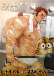 Rule 34 | 1boy, 2022, abs, bandage on face, bandages, bandaid, bandaid on cheek, bandaid on face, bandaid on nose, bara, briefs, brown hair, bulge, chinese zodiac, closed mouth, clothes pull, facial hair, happy new year, highres, large pectorals, male focus, male underwear, male underwear pull, mizuki gai, muscular, muscular male, navel, new year, nipples, orange pants, original, pants, pants pull, pectorals, pulling own clothes, short hair, sideburns, solo, stubble, sweat, towel, towel around neck, translation request, underwear, white male underwear, year of the tiger