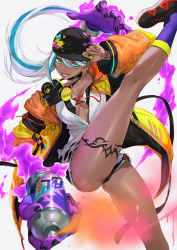 Rule 34 | 1girl, arm tattoo, baseball cap, blue hair, breasts, choker, cleavage, dark-skinned female, dark skin, disembodied hand, earrings, green eyes, hair between eyes, hand on headwear, hat, highres, isla (kof), jewelry, leg tattoo, light blue hair, long hair, looking at viewer, mask, mask around neck, medium breasts, mhk (mechamania), multicolored hair, open mouth, ponytail, respirator, shorts, snk, solo, spray can, spray paint, streaked hair, tattoo, the king of fighters, the king of fighters xv, thighs, white background, white hair