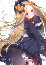 Rule 34 | 1girl, abigail williams (fate), akirannu, black bow, black dress, black hat, blonde hair, bloomers, blue eyes, blush, bow, bug, butterfly, cowboy shot, dress, fate/grand order, fate (series), forehead, glitch, hair bow, hat, hexagon, hexagon background, highres, honeycomb (pattern), honeycomb background, insect, long hair, long sleeves, looking at viewer, looking to the side, open mouth, orange bow, parted bangs, polka dot, polka dot bow, sleeves past wrists, solo, teeth, underwear, upper teeth only, very long hair, white background, white bloomers