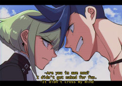 Rule 34 | 2boys, anime coloring, bae (baebae), blue eyes, blue hair, fake screenshot, galo thymos, green hair, letterboxed, lio fotia, male focus, multiple boys, promare, purple eyes, spiked hair, subtitled, vhs artifacts