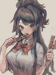 Rule 34 | 1girl, absurdres, black hair, bow, bowtie, breasts, collared shirt, eating, food, green eyes, grey background, heterochromia, highres, holding, holding food, holding skewer, large breasts, long hair, looking at viewer, multicolored hair, nataro 1116, original, red bow, red bowtie, red eyes, red hair, shirt, simple background, skewer, solo, upper body, white shirt