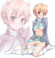 Rule 34 | 10s, 1girl, blonde hair, blue eyes, blue sweater, blush, boots, brave witches, breasts, commentary, dirty, dirty clothes, dirty face, ermine ears, frown, fur trim, jacket, konnyaku (kk-monmon), military, military uniform, navel, nikka edvardine katajainen, open clothes, open jacket, panties, pantyhose, pouch, ribbed sweater, shadow, short hair, sitting, solo, sweater, torn boots, torn clothes, torn pantyhose, torn sweater, turtleneck, turtleneck sweater, underboob, underwear, uniform, wariza, white background, white footwear, white panties, white pantyhose, world witches series, zoom layer