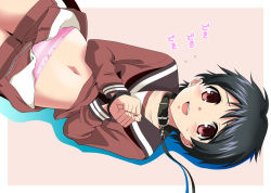 Rule 34 | 10s, 1girl, bdsm, black hair, blush, bondage, bound, bound wrists, child, collar, kantai collection, kasumi ryou, leash, looking at viewer, lying, mogami (kancolle), on back, open mouth, panties, red eyes, school uniform, serafuku, short hair, shorts, slave, smile, solo, striped clothes, striped panties, underwear, unzipped