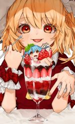 Rule 34 | 2girls, :p, alternate costume, ascot, bad id, bad twitter id, blonde hair, blue hair, blush, bow, chocolate syrup, commentary request, cup, dress, drinking glass, flandre scarlet, food, fruit, gotou (nekocat), hair between eyes, hands up, hat, holding, holding spoon, ice cream, in container, in cup, in food, leaf, leaf on head, looking at viewer, mini person, minigirl, mint, mob cap, multiple girls, one side up, open mouth, red bow, red dress, red eyes, remilia scarlet, short hair, siblings, sisters, spoon, strawberry, sundae, tongue, tongue out, touhou, upper body, white hat, wrist cuffs, yellow ascot